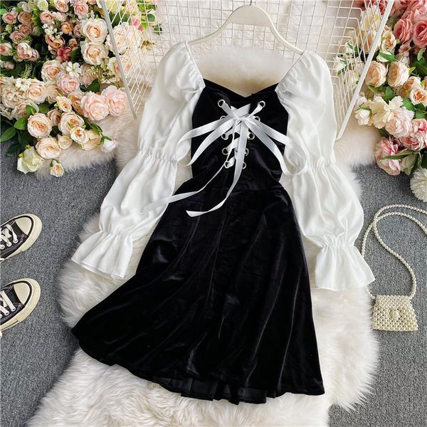 

sexy strawstring дизайн тонкий платье женщины площади воротник flare с длинным рукавом vestidos высокой талией hip линия velet ropa femme ос, Black;gray