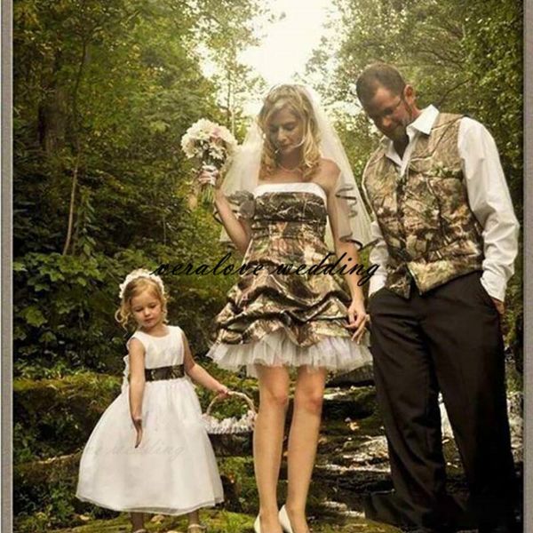 

short summer camo wedding dress strapless ruched zipper back a line camobridge bride gowns bridesmaid party gowns, White