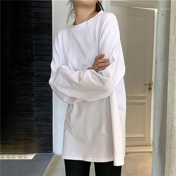 

ladies autumn loose t shirt o neck fashion solid color bottoming long sleeved casual korean style simple ladies, White