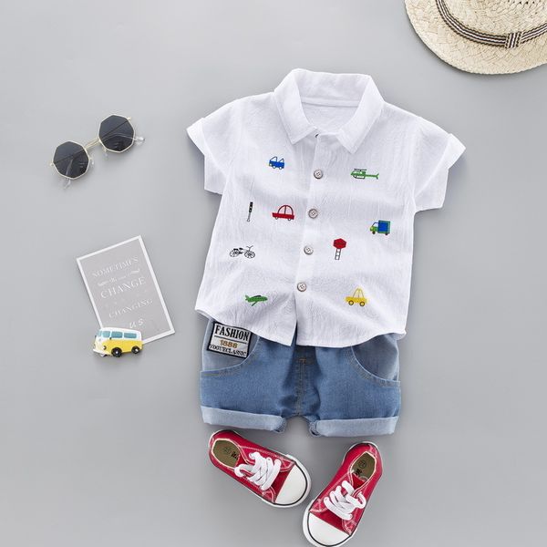 

summer kids toddler boy car shirt jeans 1 2 3 4 years clothing set short sleeve cotton suit children clothing boys outfit lj200815, White