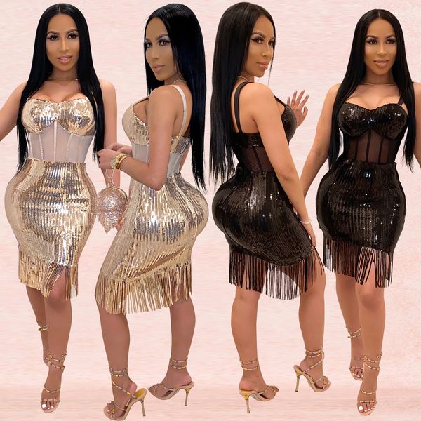 

2020 женские сексуальные платья для женщин sequins condole reep dress tassel ночной клуб юбка, White;black