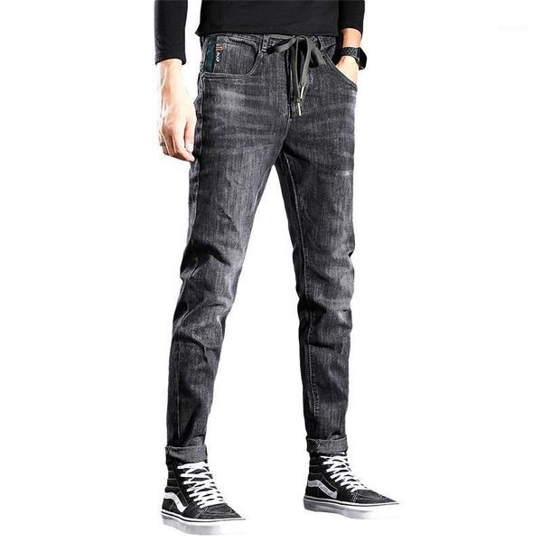 

autumn and winter black blue mid-waist boyfriend jeans youth trousers tapered overalls jeans street trend drawstring baggy1