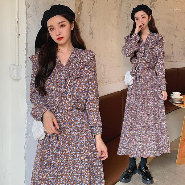 

plus size 4xl autumn ladies dress 2020 new long sleeve women dresses chiffon robe ruffles print flowers elegant vestidos1, Black;gray