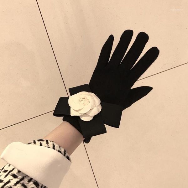 

fashion womens girls bow camellia flower winter cashmere wool female flower warm wool touch screen gloves driving gloves1, Blue;gray