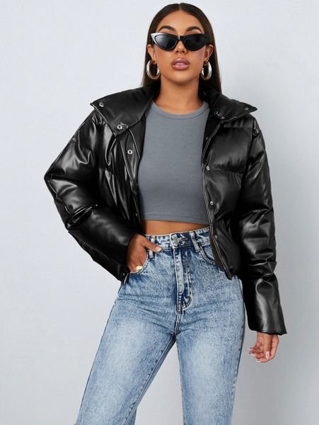 

press buttoned pu leather winter coat u05d#, Black