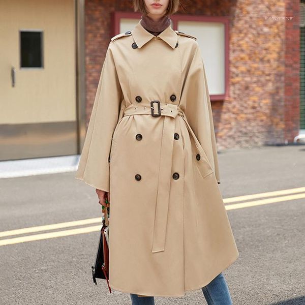 

women's trench coats quality states winter 2021 fashion temperament double breasted design waist form lace up cape loose windbreaker wo, Tan;black