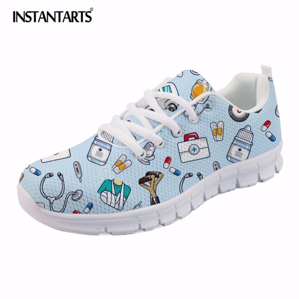 

instantarts spring nurse flat shoes women cute cartoon nurses printed women's sneakers shoes breath mesh flats zapatos de mujer c1103, Black;white