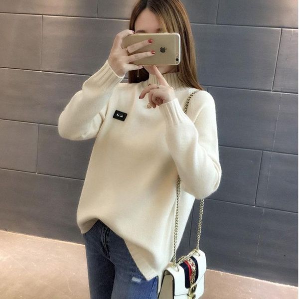 

women sweater pullovers autumn winter solid thick turtleneck knitted sweater casual female long sleeved soft knitwear, White;black