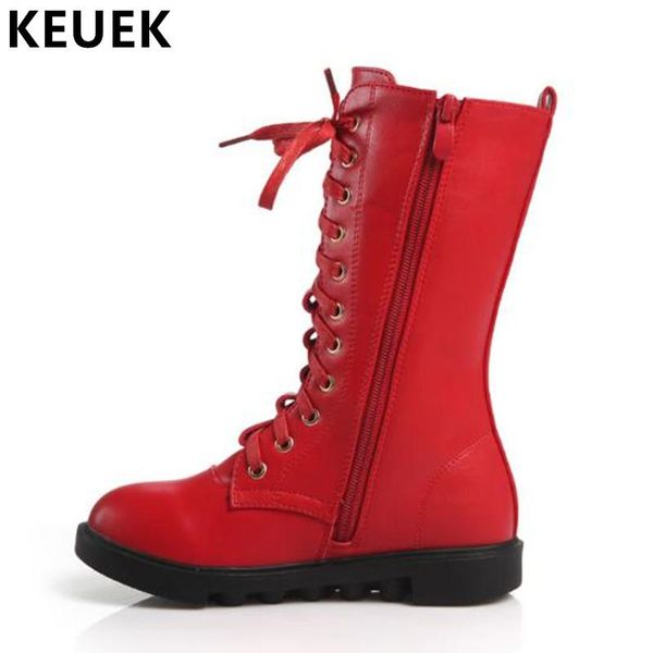 

autumn winter girls princess long boots children motorcycle boots lace-up genuine leather mid-calf 03b, Black;grey