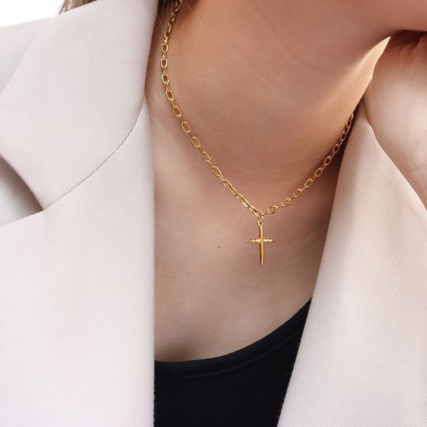 

ins fashion cool personality cross necklace female clavicle neck chain titanium steel jewelry p776, Silver