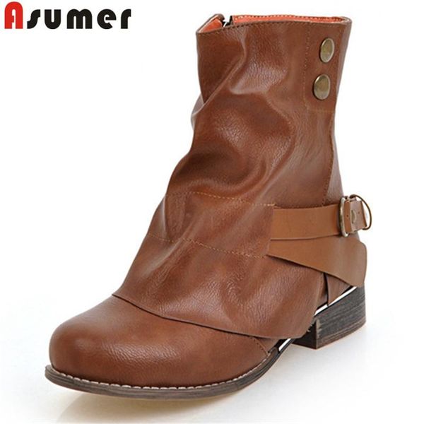 

asumer plus size autumn winter boots round toe zip buckle ankle boots for women low heels classic motorcycle 2020 new, Black