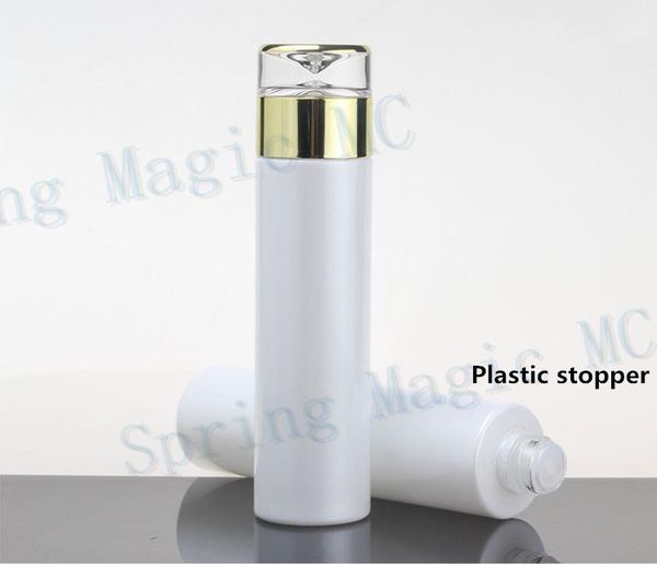 

50pcs high-quality100ml blue/green/frosted/pearl white glass bottle with plastic ser acrylic gold lid cosmetic packaging