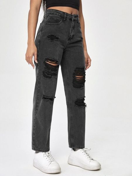

ripped detail mom jeans v9ru#, Blue