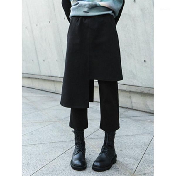 

women irregular winter boot cut warm thick woolen pants japan harajuku elastic waist black calf-length pants false two trousers1, Black;white