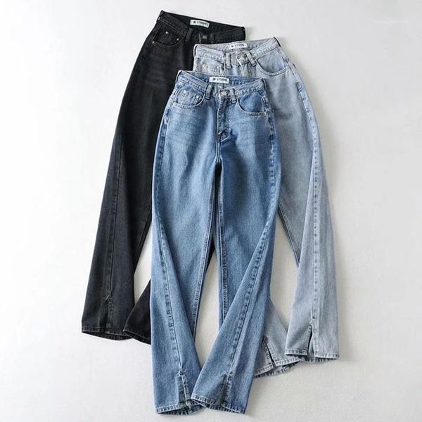 

women's jeans autumn women's streetwear rock style fashion high waist split casual trousers retro floor pants1, Blue