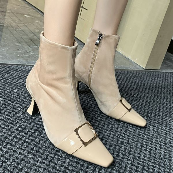 

women genuine leather square head stiletto heels ankle boots zip spring fall fashion sewing dress black apricot red booties
