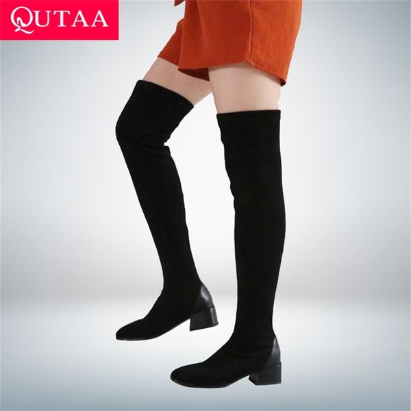 

qutaa 2021 women over the knee boots autumn winter square toe women shoes stretch flock pu square heel long boots size 34-43 y200723, Black