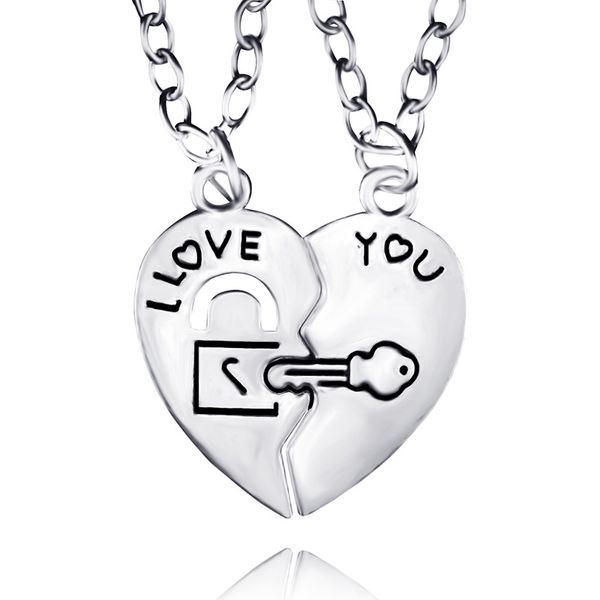 

china factory new statement valentine brithday gift i love you two petal peach heart key lock couple friendship clavicle chain necklace, Silver
