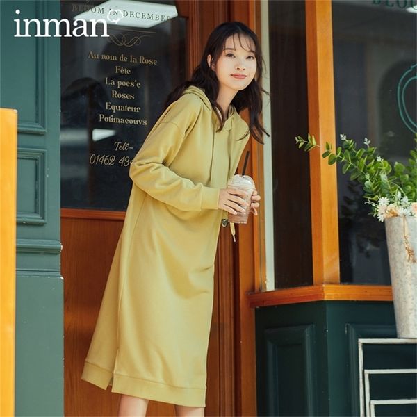 

inman autumn winter new arrival causal sport basic style women both side slit hoodies dress 201028, Black;gray