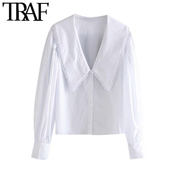 

traf women sweet fashion with embellished trim loose blouses vintage long sleeve button-up female shirts chic 220307, White