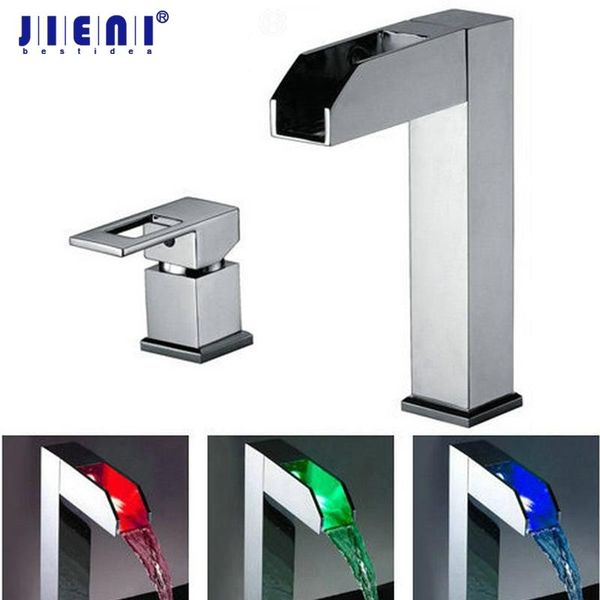 

jieni bathroom basin led faucet water power basin led mixer chrome plated 2 pcs faucet set waterfall 3 colors mixer & tap