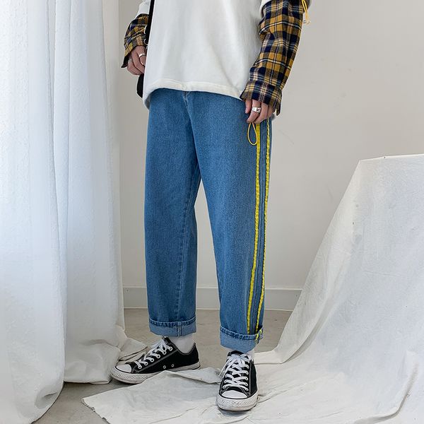 

2020 new miteksan jean streetwear hiphop personality breeches from side zipper torn men's fashions thin stripe 2-color, Blue