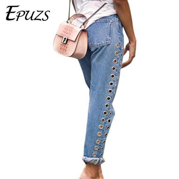 

fashion rivets ripped high waist jeans woman straight eyelet boyfriend denim pants street cotton punk rock women jeans 2020, Blue