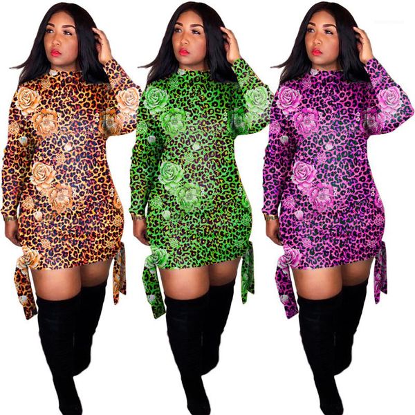 

casual dress turtle neck long sleeve pencil dress autumn female clothing bandage mutil floral leopard printed designer, Black;gray
