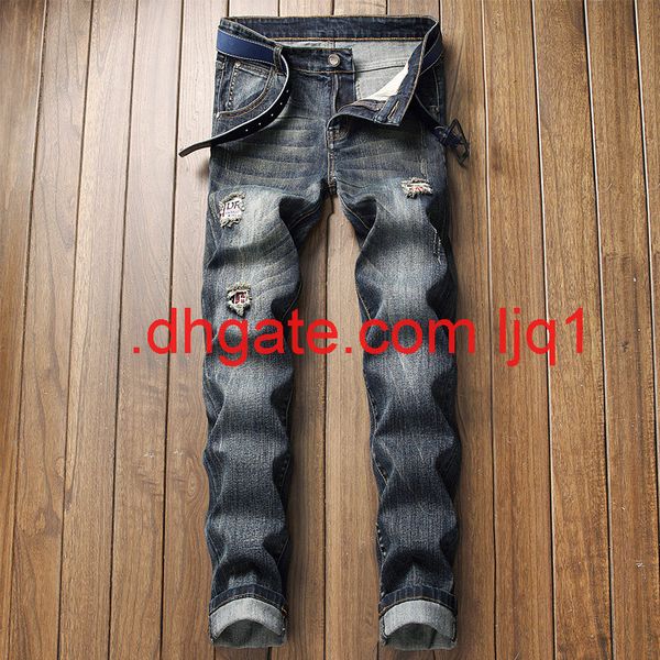 

new men's jeans slim embroidery stretch casual patch hole pants fashion, Blue