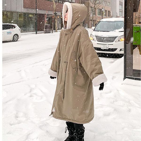 

women's down & parkas junerain lamb wool coat winter pie overcoming long large lapel locomotive loose outwear casual thick warm fashion, Black