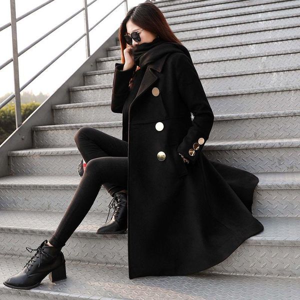 

women's trench coats 2021 korean black woolen coat autumn winter long slim bouble breasted outwear female wool overcoat jacket y600, Tan;black