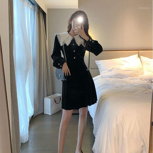 

women 2021 spring autumn vintage velvet midi dress female long sleeve lace collar dresses ladies fashion elegant vestido f1191, Black;gray