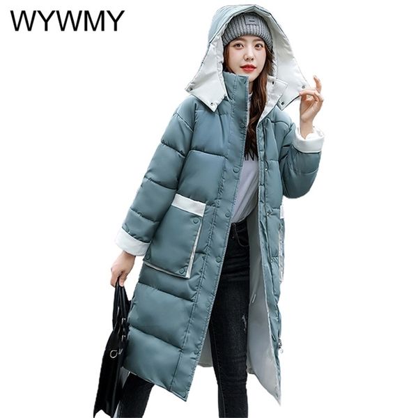 

wywmy korean patchwork loose cotton padded winter jacket women long coat windbreaker s warm thick down 211216, Black