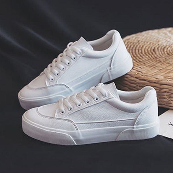 

women white sneakers ladies casual leather shoes woman lace up flats female new fashion comfort vulcanized platform shoes 2020 1006, Black;white