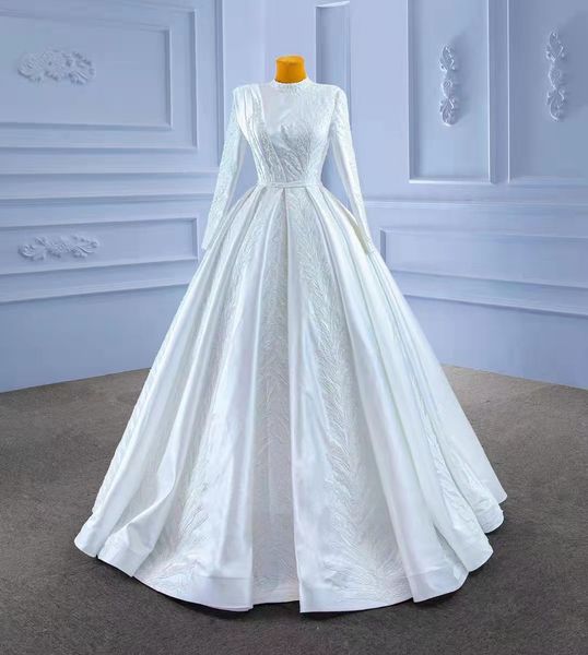 

100% real image wedding dress a-line luxury full pearls appliqued long sleeves satin bridal gown beach boho elegant custom made robe de mari, White
