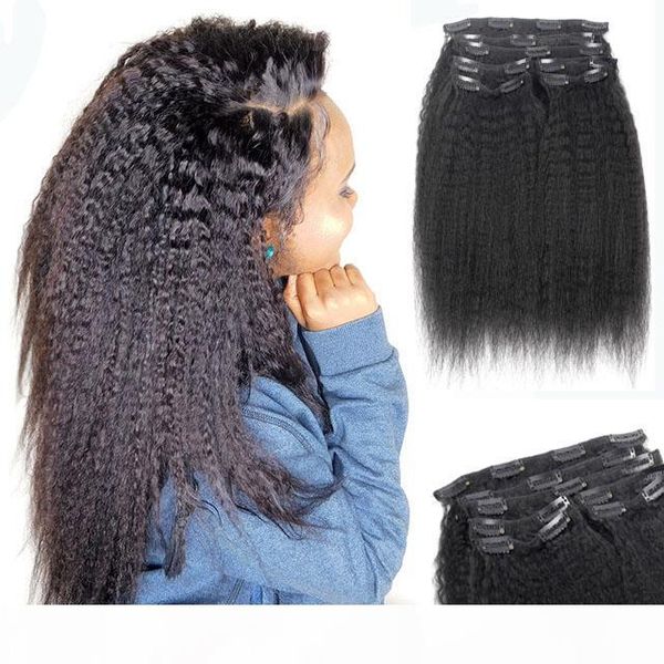 

dream 8 a virgin hair natural color kinky straight weave clip in clip on human hair extensions full head 8pcs set, Black;brown
