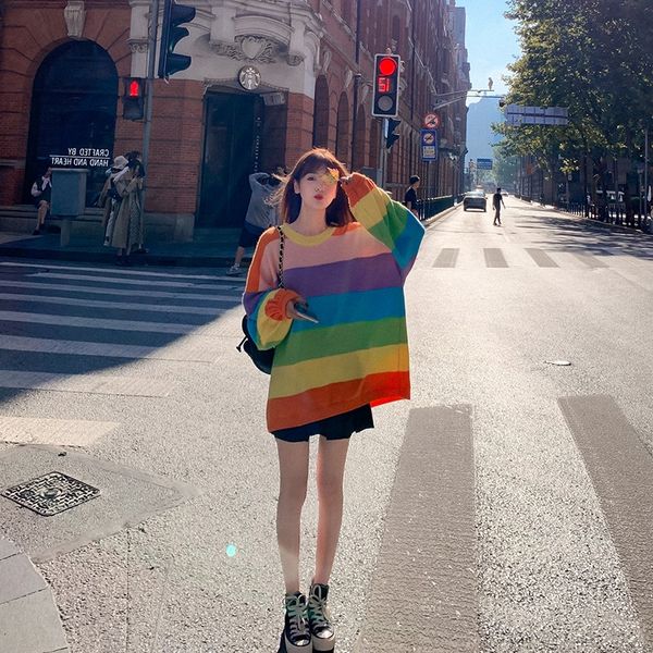

rainbow striped for women's loose 2020 new korean version of sweet student's mid knitwear sweater knitted sweater length and versa, White;black