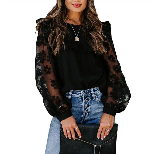 

woman fashionable mesh patchwork round neck long sleeve blouse black lace falbala transparent flower bubble sleeve pullover, White