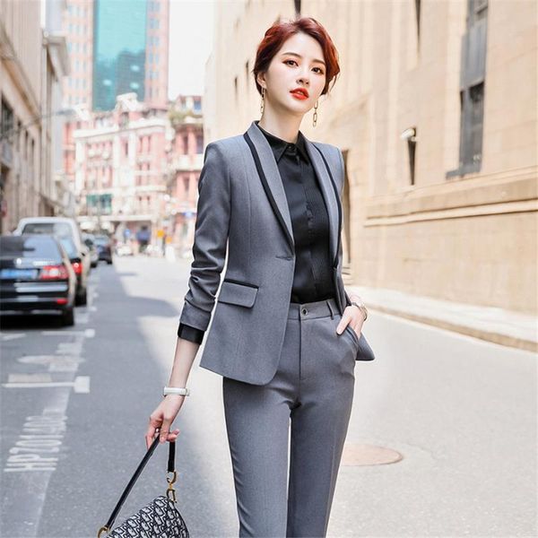 

occupation women pant suit 2 piece set notched blazer jacket office lady wear fall winter female slim overalls sets s-5xl, White