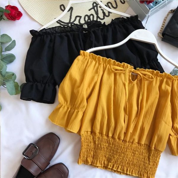 

camisoles & tanks summer holiday beach pullover strapless off shoulder elastic waist ruched club lantern sleeve tank women crop casual s, Black;white