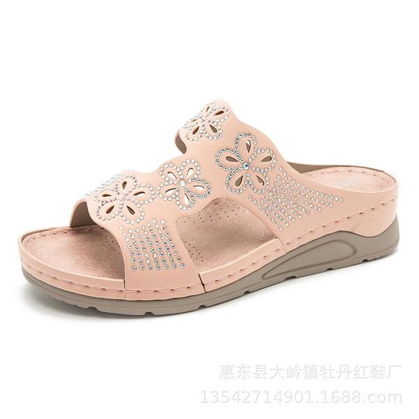 

rhinestone flower summer shoes women wedges slipper casual shoes female 2021 new pu leather vintage beash slippers ladies, Black