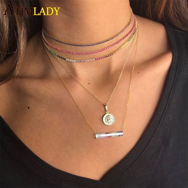 

collares promotion new color necklace with colorful cz thin tennis chain delicate choker tiny link layer jewelry y200730, Silver