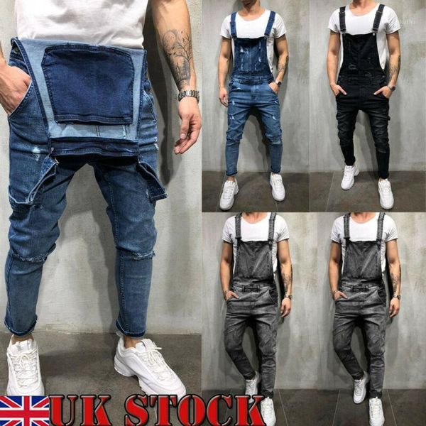 

fashion men's ripped skinny jeans destroyed frayed slim denim pant overalls zipper1, Blue
