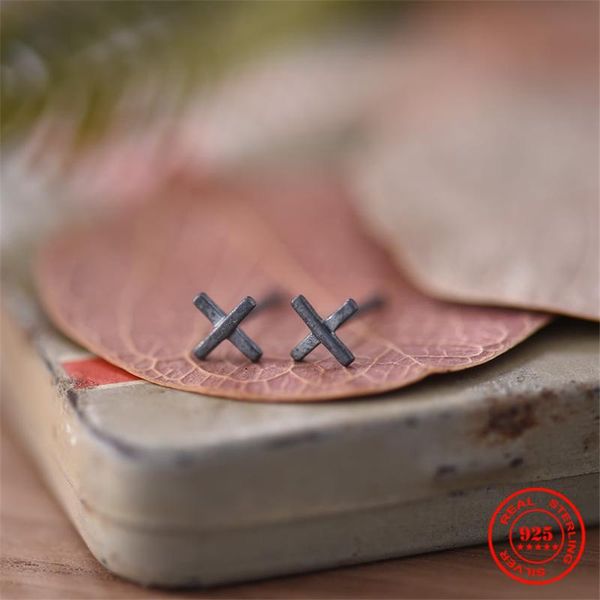 

mkendn 100% 925 sterling silver x stud earrings cross personality minimalist ear jewelry accessories neo-gothic style, Golden;silver