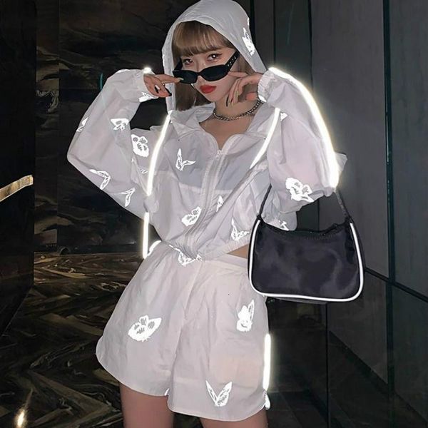 

new summer women casual thin two piece set hooded and short pants female hip hop loose butterfly reflective sportswear, Gray