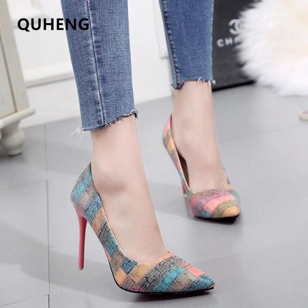 

2020 fashion matching colors plaid stripes high heel shoes side hollow pointed women pumps pointed toe .5cm thin dress shoes71, Black