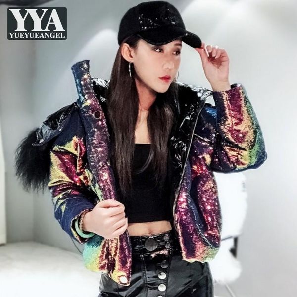 

2020 winter design блестки short ветровки high street fashion блестящий с капюшоном вниз пальто женщины punk толстый теплый белый утиный кур, Black