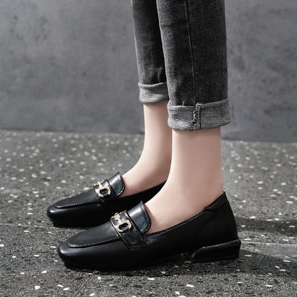 

2020 spring and autumn new square head low-heeled thick-heeled shoes loafers large size women's shoes work plus size, Black