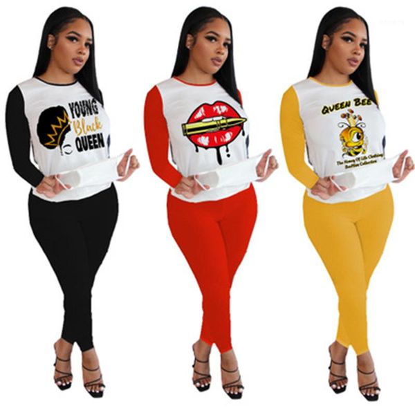 

loose casual tracksuits ladies lips pattern sets designer new long sleeve round neck outfits letters pants 2pcs sets fashion female, Gray