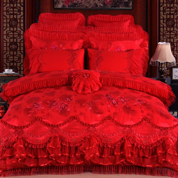 

bedding sets 2021 silk cotton satin jacquard luxury wedding set embroidered lace duvet cover 4/6/8/10pcs  king bedspread